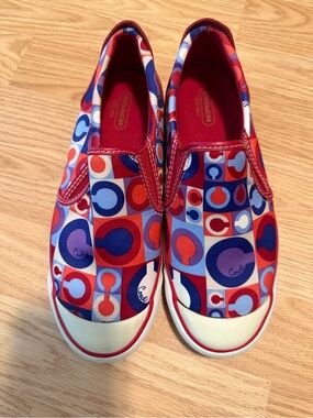 Coach Women's Slip-On Sneakers in Red, Blue & Purple Geometric Print